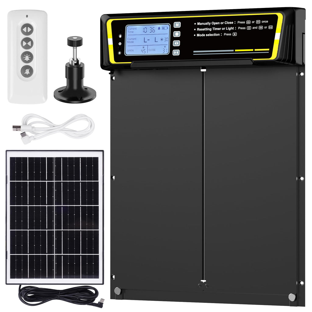 Clawtastic Automatic Chicken Coop Door with Timer & Light Sensor，5000mAh Battery & 3.7W Solar Panel，Anti-Pinch Auto coop Door, Weatherproof for Backyard Chicken Coop (Black)