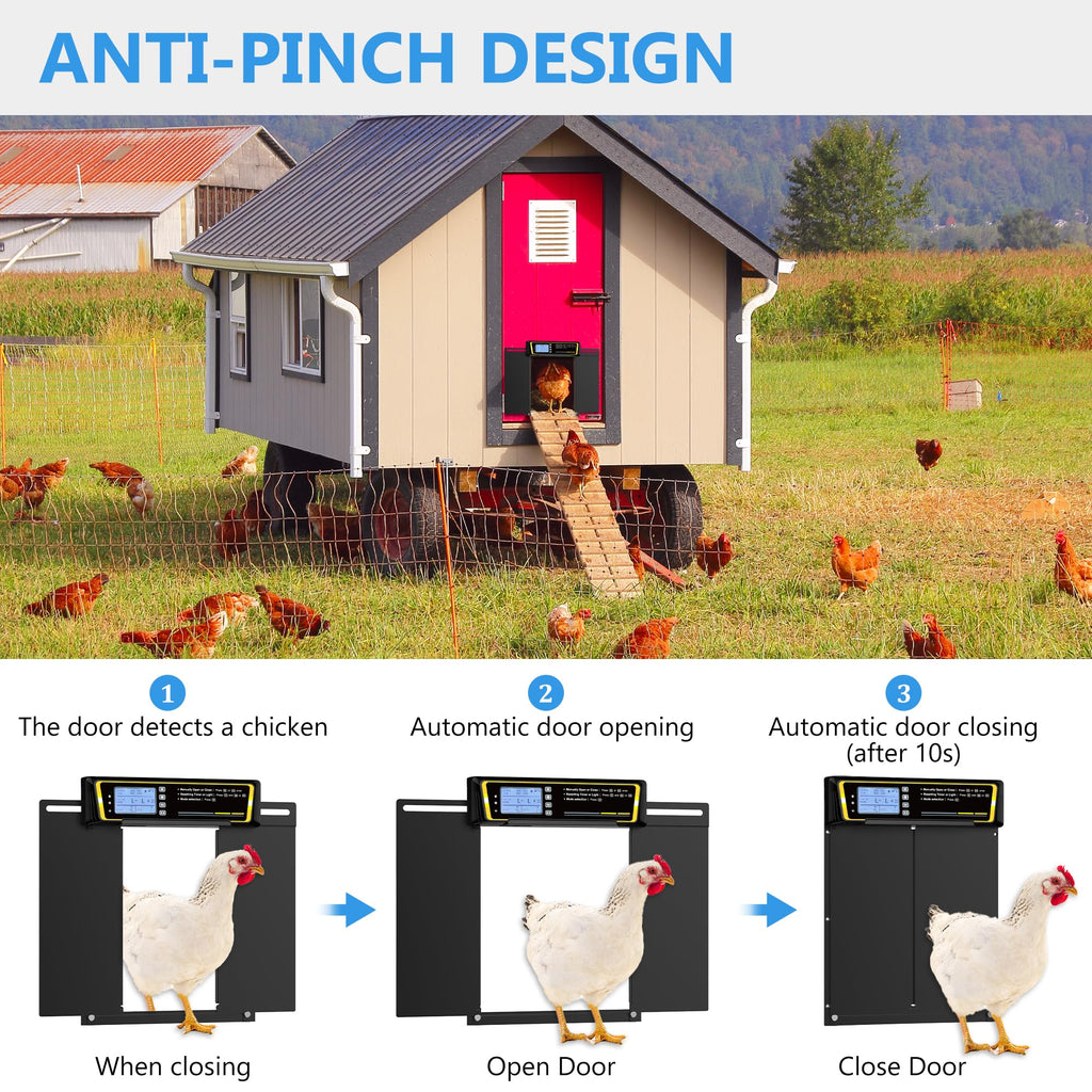 Clawtastic Automatic Chicken Coop Door with Timer & Light Sensor，5000mAh Battery & 3.7W Solar Panel，Anti-Pinch Auto coop Door, Weatherproof for Backyard Chicken Coop (Black)